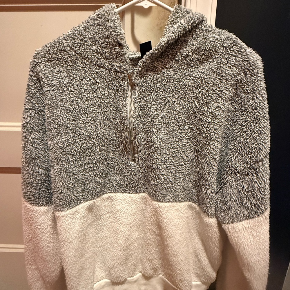 SHEIN Two-Tone Sherpa Half-Zip Hoodie - Gray & Cream